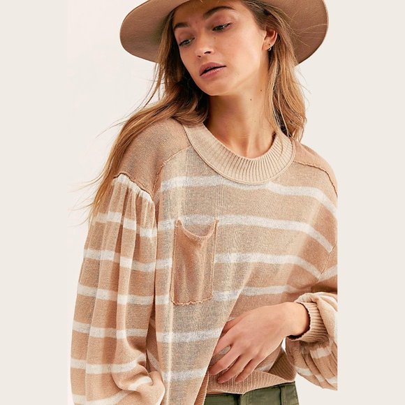 NWT Free People camel & beige stripe pullover sweater - Picture 3 of 10